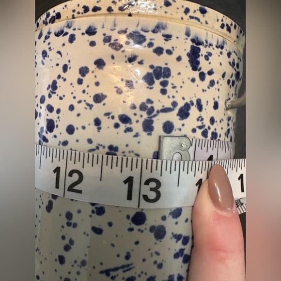 VTG blue&white speckled stoneware cheese/butter crock w: wire bail handle&lid - Picture 11 of 12